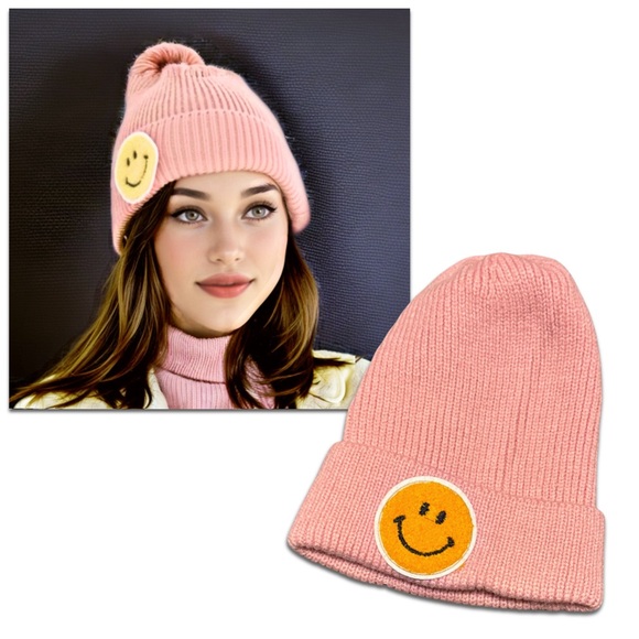 Smiley Face Pink Ribbed Knit Winter Hat - Picture 8 of 10